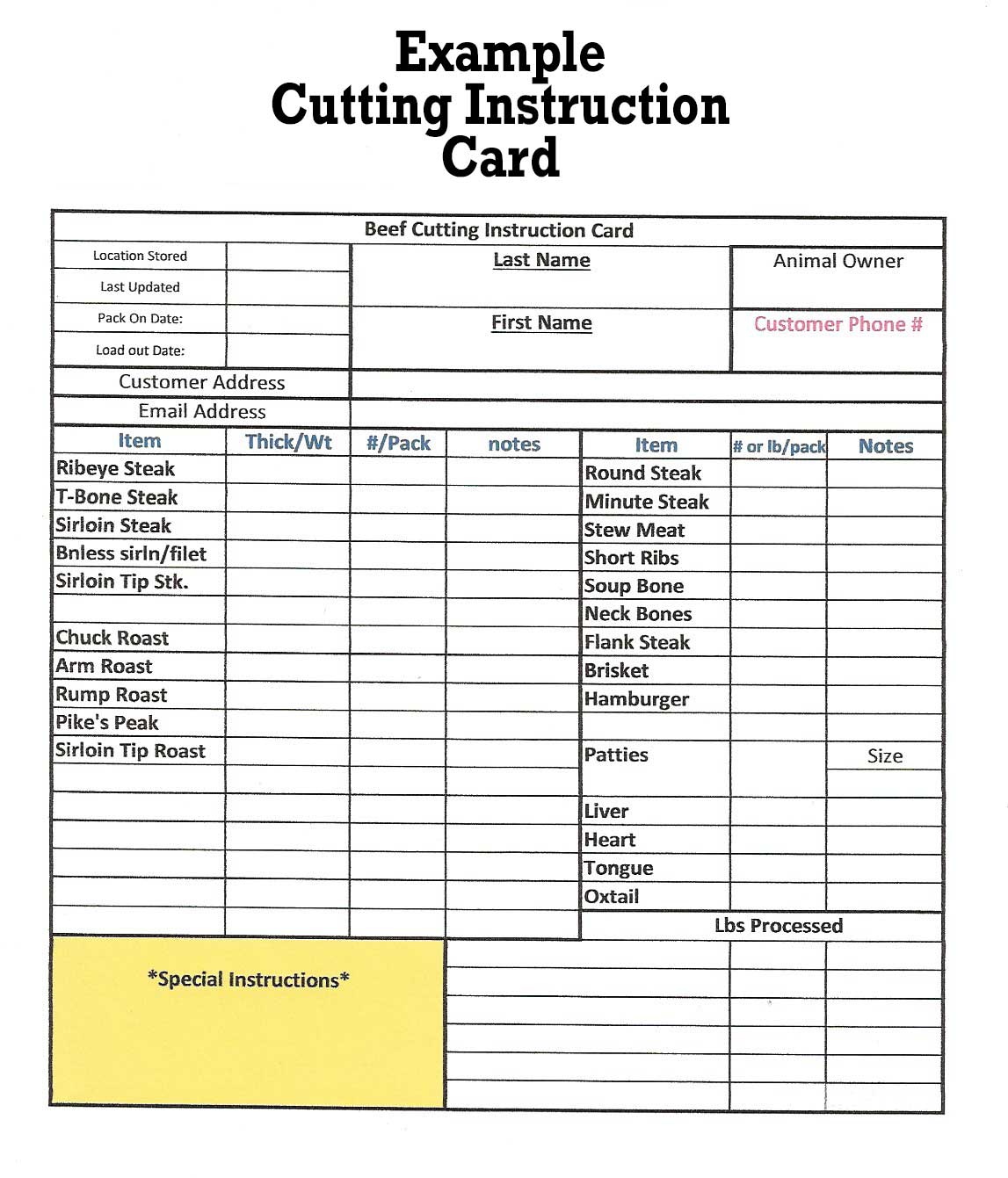 Beef Cut Sheet For 1/4 Beef